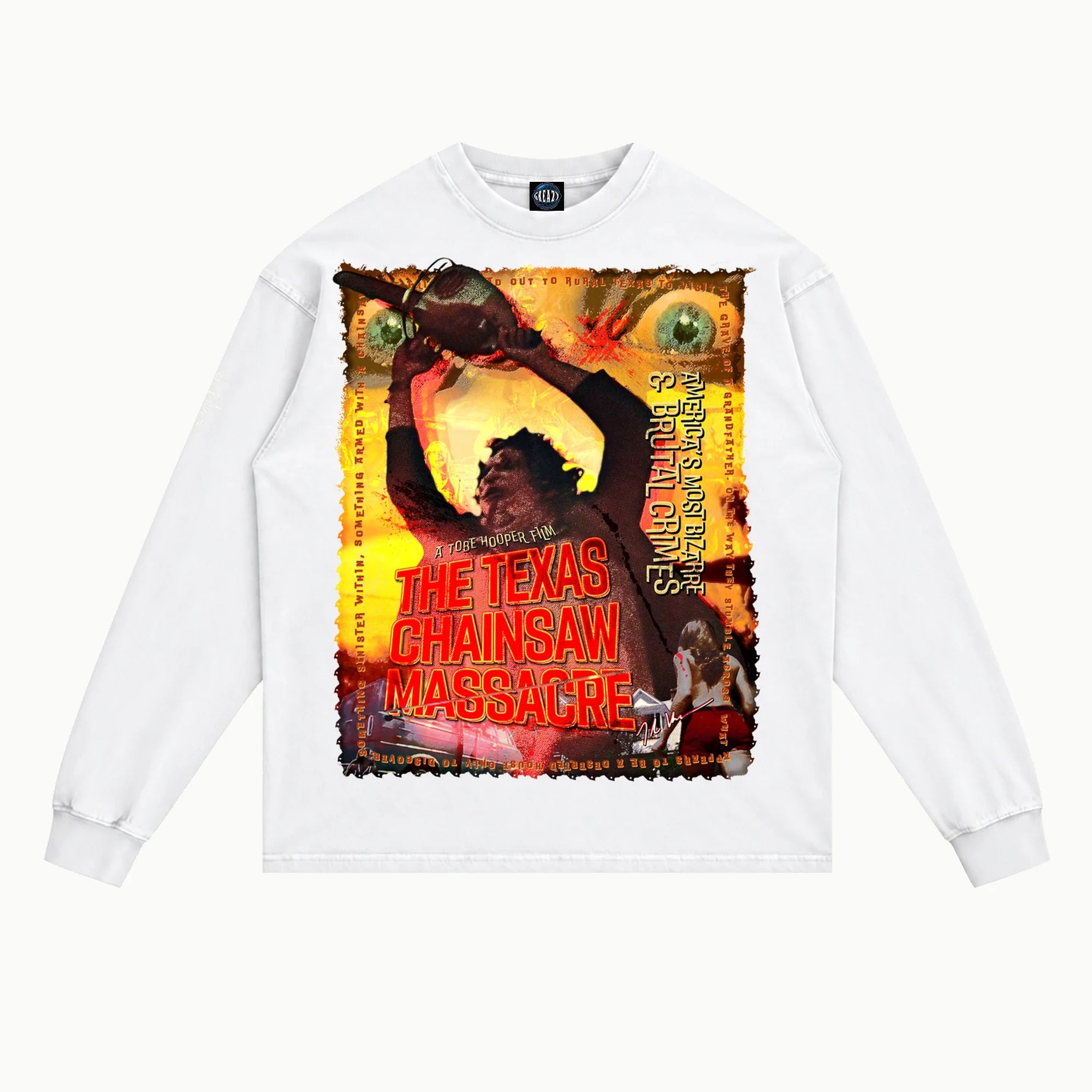 The Texas Chain Saw Massacre Long Sleeved Tee in White, front view — Greazy Tees Drop 7 Halloween