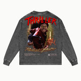 Thriller Long Sleeved Tee in Vintage Grey, back view — Greazy Tees Drop 7 Halloween