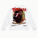 Thriller Long Sleeved Tee in White, back view — Greazy Tees Drop 7 Halloween