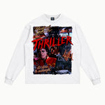 Thriller Long Sleeved Tee in White, front view — Greazy Tees Drop 7 Halloween