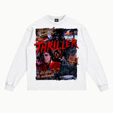 Thriller Long Sleeved Tee in White, front view — Greazy Tees Drop 7 Halloween