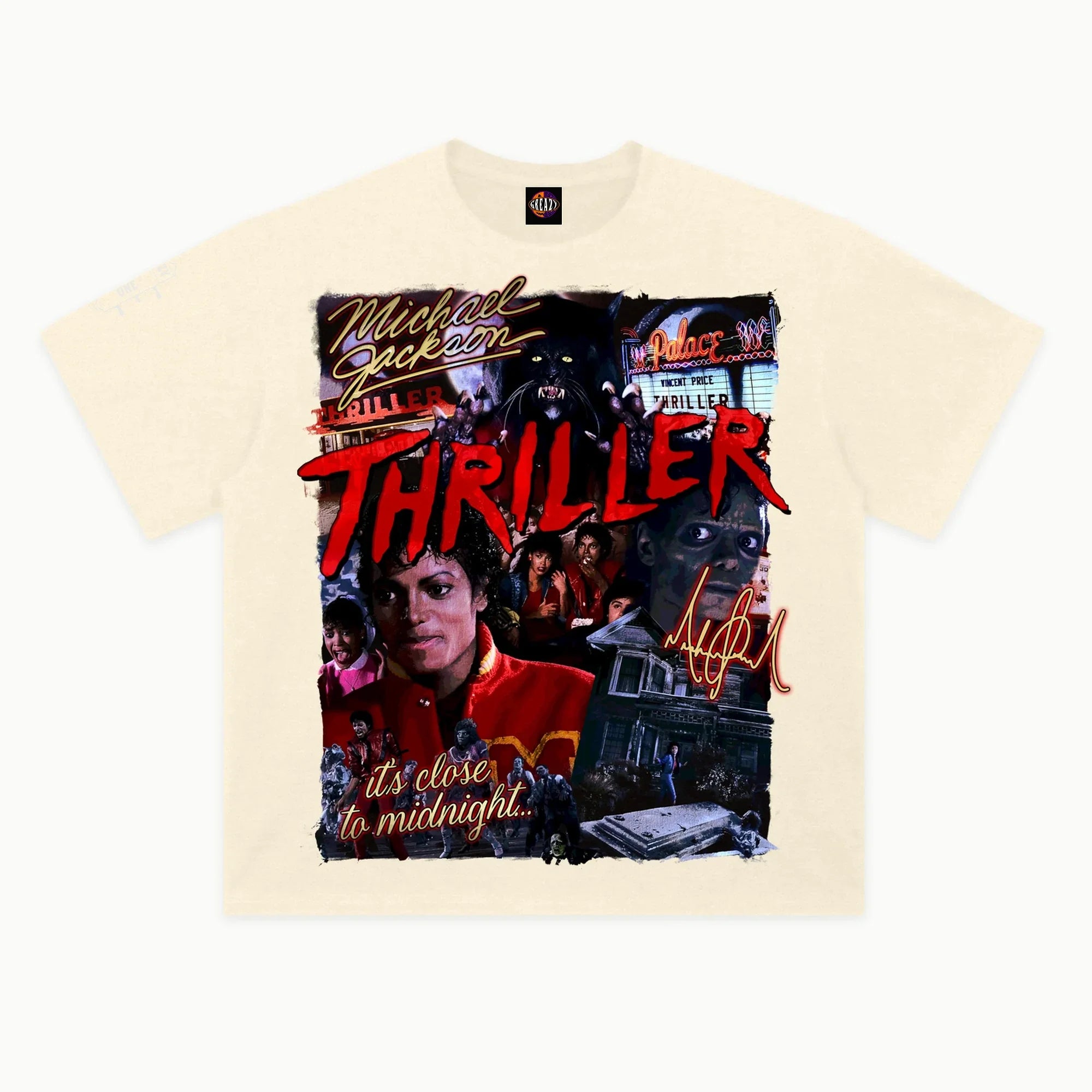 Thriller Tee in Off White, front view — Greazy Tees Drop 7 Halloween