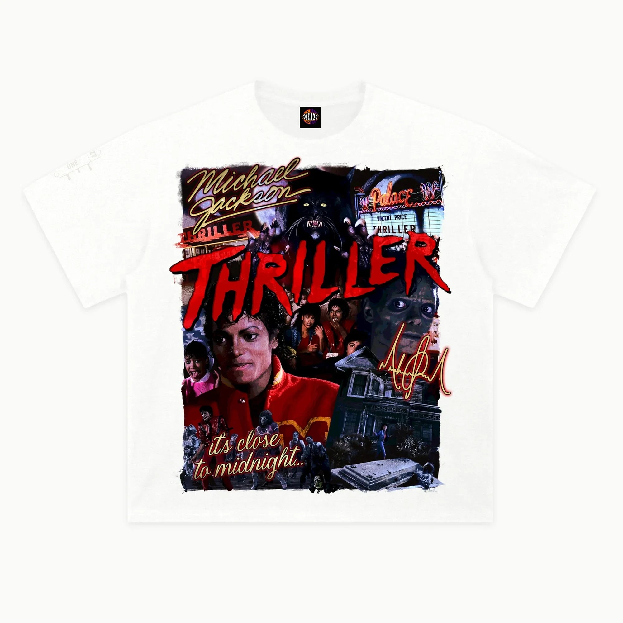 Thriller Tee in White, front view — Greazy Tees Drop 7 Halloween