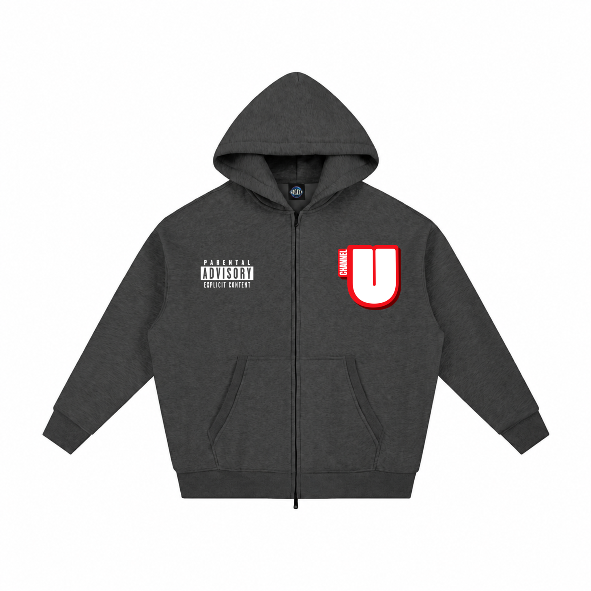 Channel U 2.0 Zip Hoody in Vintage Black, front view